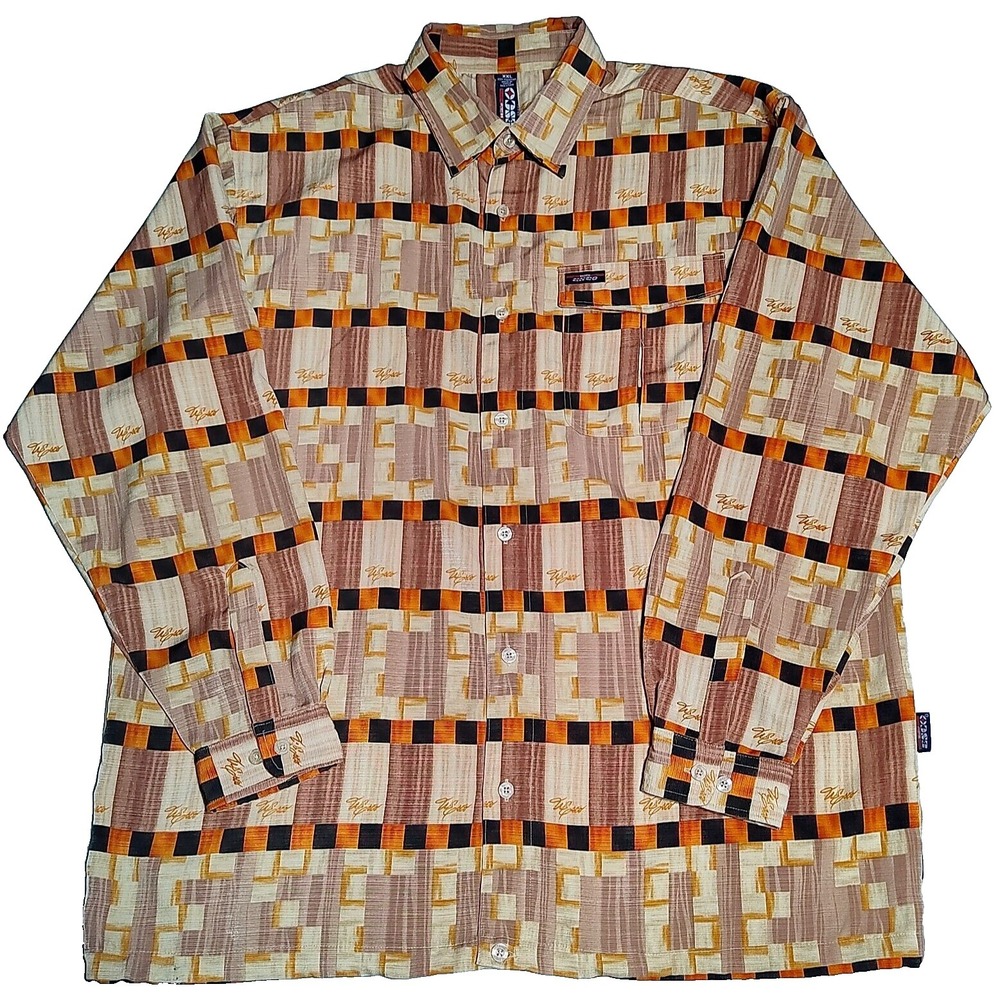 VTG WILLIE ESCO Men‎ 2XL Black Orange Geometric Button-Up Long Sleeve Shirt